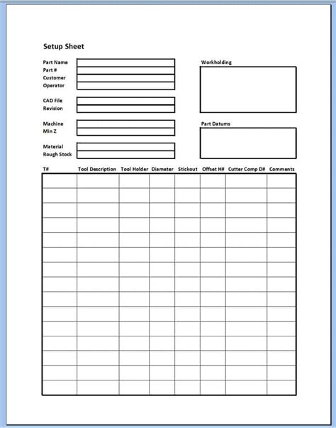 machine shop setup sheets